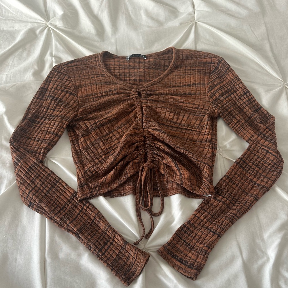 Zara Brown and Black Ruched Crop Blouse